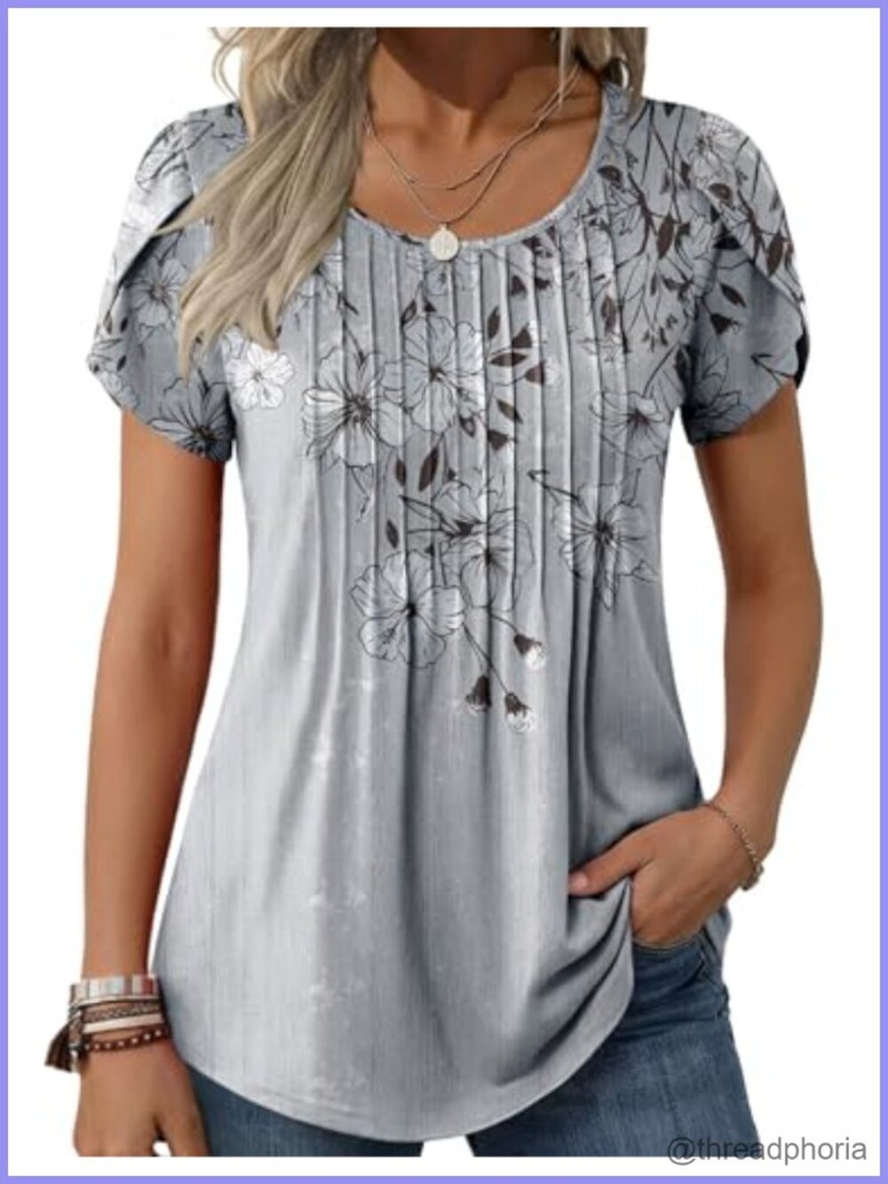 Women's Petal Sleeve Tunic Top Pleated Crew Neck Blouse